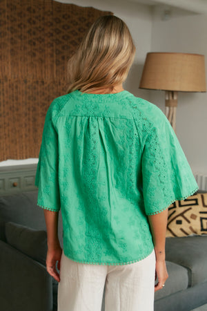 Jaase Gabriella 100% Cotton Embroidered Blouse Top with V Neck Lantern Sleeve - Emerald