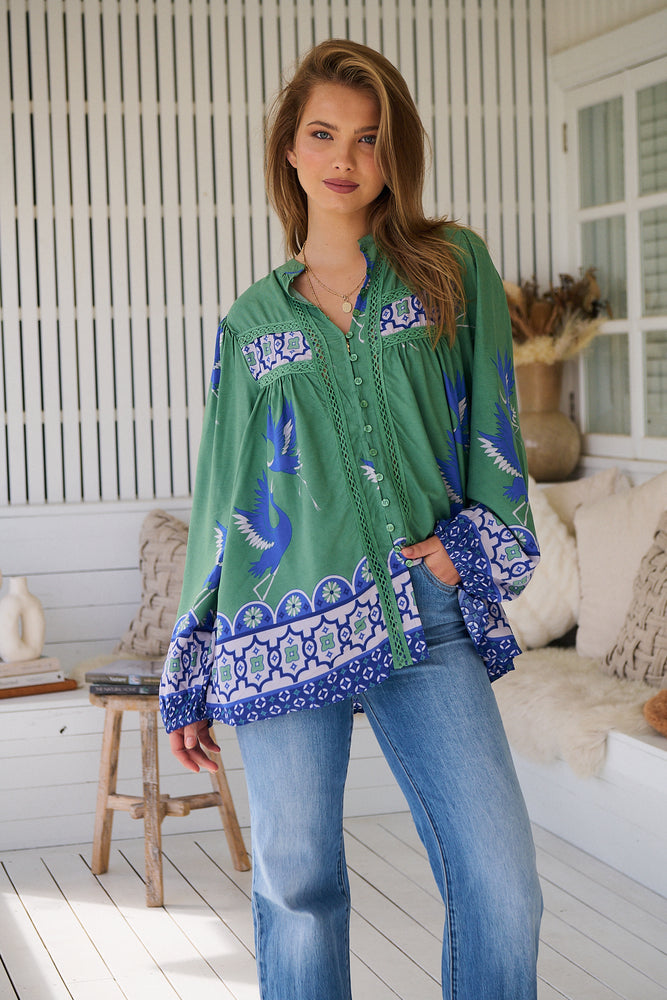 Jaase Bee Blouse Top with Mandarin Collar V Neck Buttons Lace Detail - Bluebird - Style House Fashion Jaase