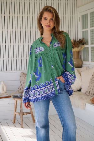 Jaase Bee Blouse Top with Mandarin Collar V Neck Buttons Lace Detail - Bluebird - Style House Fashion Jaase