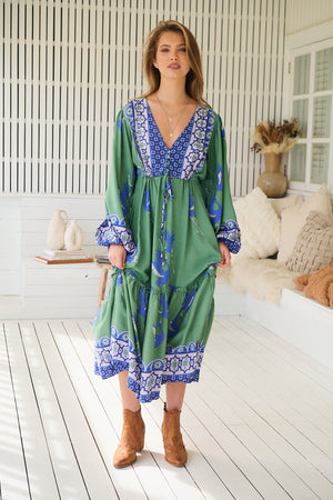 Jaase Willa Midi Dress with Pockets V-Neck Buttons Bodice Drawstring Waist - Bluebird - Style House Fashion Jaase Jaase