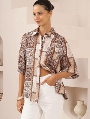 Iris Maxi Mindy Shirt Blouse with Collar Buttoned Front - Chocolate Marquise