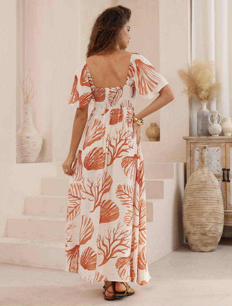 Iris Maxi Charlotte Maxi Dress with Shirred Bodice Flutter Sleeve - Shells