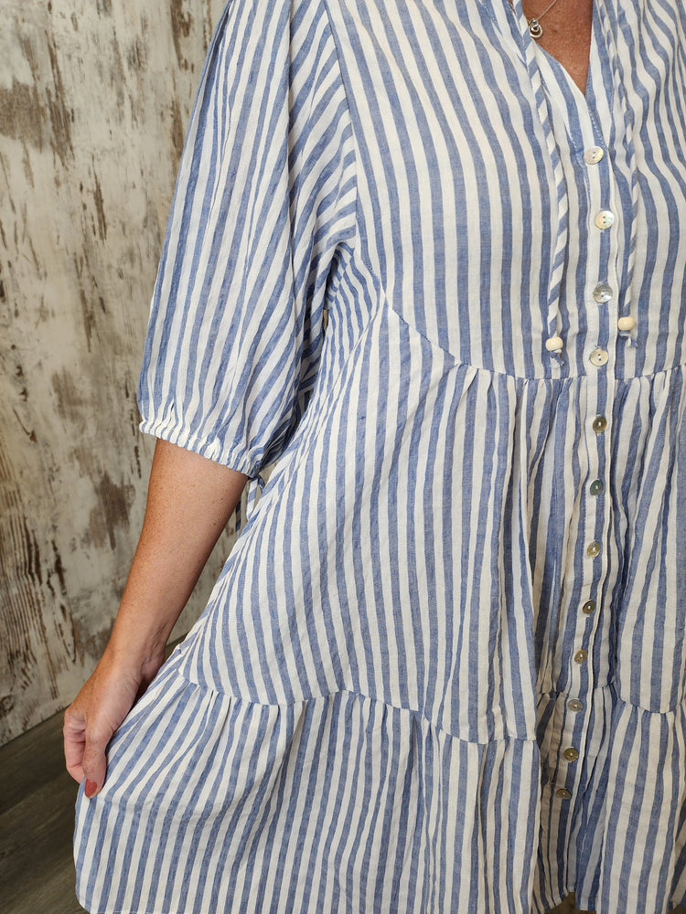 Iris Maxi Emma Mini Dress with V Neck Cotton Buttons Pockets - Chambray Stripe