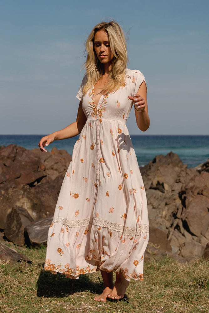 Jaase Carmen Maxi Dress with Cap Shell Sleeve V Neck Pockets Buttoned - Vintage Sol - Style House Fashion Jaase Jaase Jaase Jaase