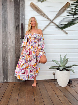 Jaase Tulli Midi Dress with Shirred Bodice Pockets Puff Sleeve - Sweet Lilly - Style House Fashion Jaase Jaase Jaase