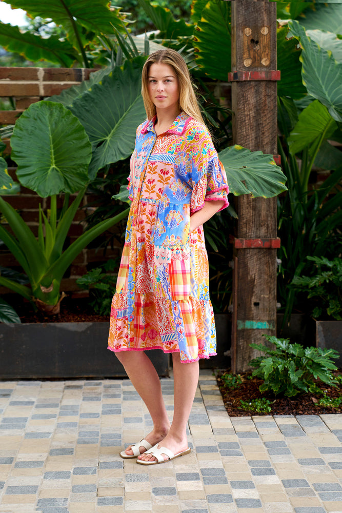 Boho Australia Alizee Mini Dress with V-Neck Buttons Pockets - Multi