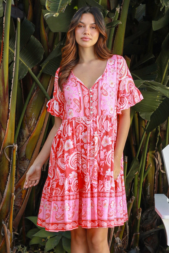 Isabella Delilah Mini Dress with V-Neck Buttons Pockets - Pink Crush