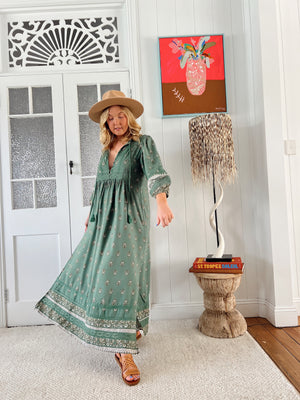Jaase Meadow Maxi Dress with V Neck Button Bodice - Viridian - Style House Fashion Jaase