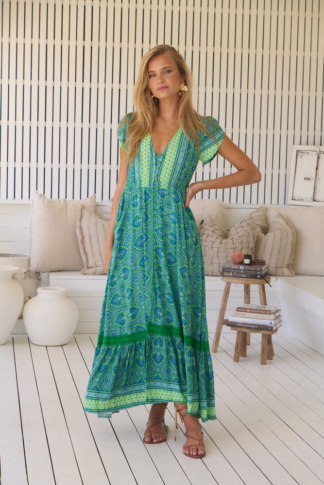 Jaase Carmen Maxi Dress with Cap Shell Sleeve V Neck Pockets Buttoned - Tranquility - Style House Fashion Jaase