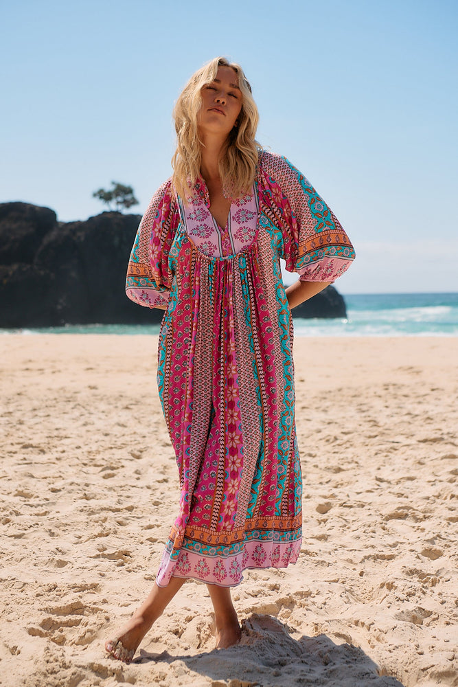 Jaase Boheme Midi Dress with Mandarin Collar V Neck Pockets - Cedella - Style House Fashion Jaase
