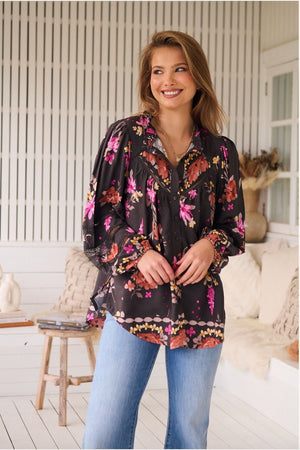 Jaase Eliza Blouse with V-Neck Lace Buttons Balloon Sleeve - Monarch Bloom - Style House Fashion