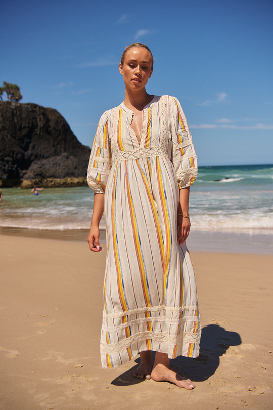 Jaase Meadow Maxi Dress with V Neck Button Bodice - Coloured Sands