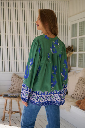 Jaase Bee Blouse Top with Mandarin Collar V Neck Buttons Lace Detail - Bluebird - Style House Fashion Jaase
