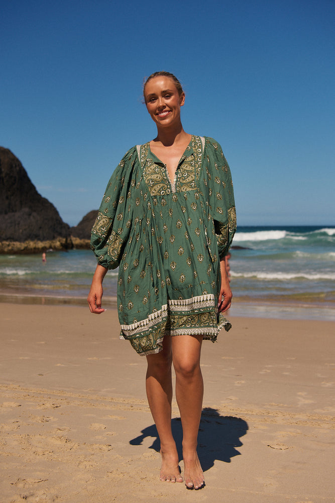 Jaase Adela Dress with Buttoned Bodice V-Neck Pockets - Viridian