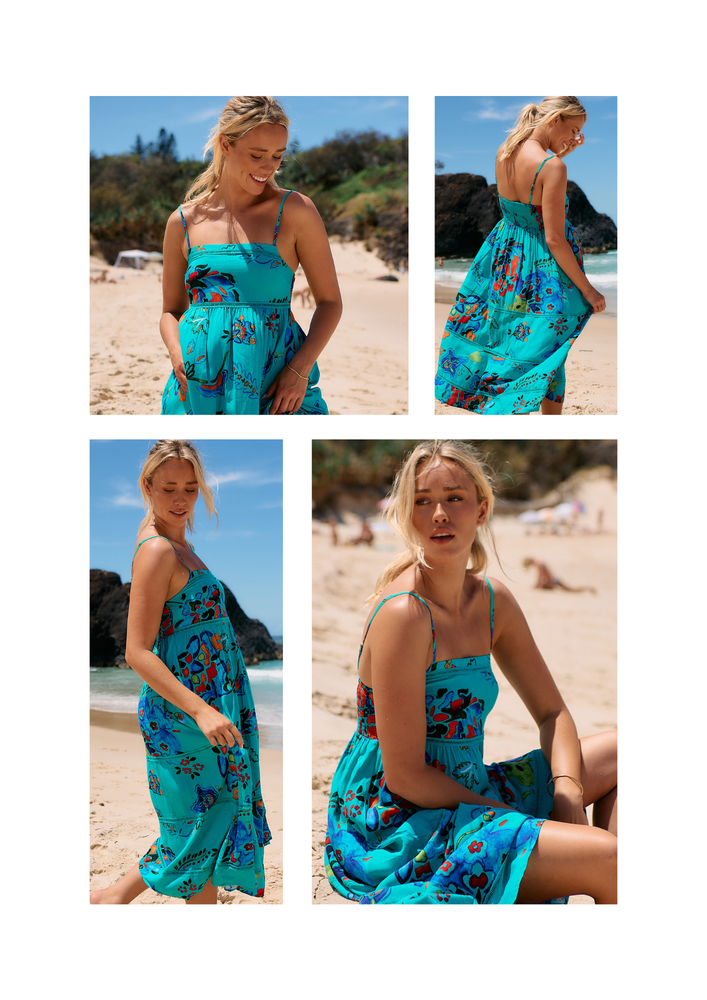 Jaase Heidi Midi Dress with Square Neck Shirred Back Adjustable Straps - Isla Mare - Style House Fashion Jaase Jaase