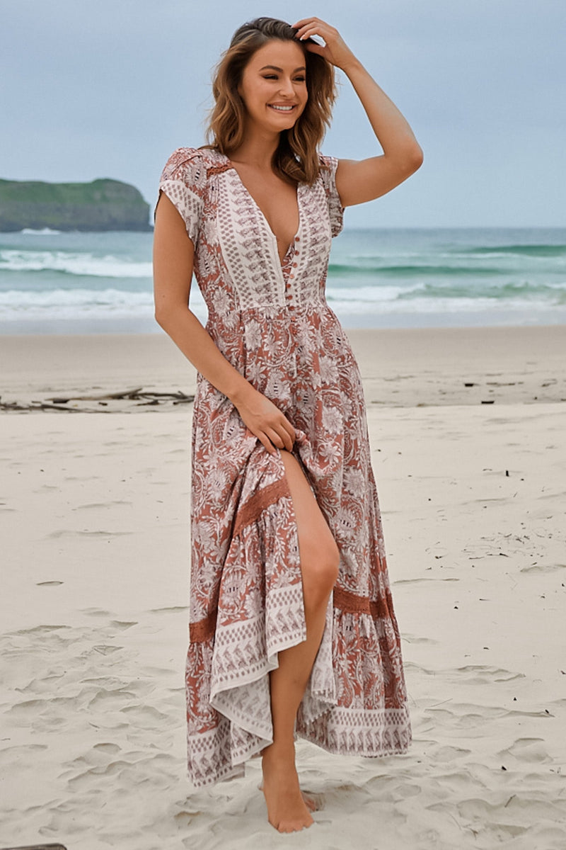 Jaase Carmen Maxi Dress with Cap Shell Sleeve V Neck Pockets Buttoned - Indah - Style House Fashion Jaase