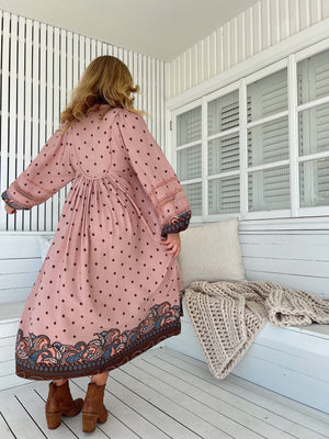 Jaase Boheme Midi Dress with Long Sleeve Lace Detail V Neck Pockets - Seraphina - Style House Fashion Jaase Jaase Jaase