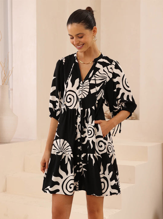 Iris Maxi Emma Mini Dress with V-Neck Buttons Pockets - Eclipse