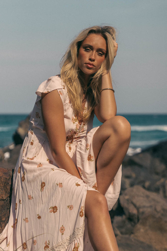 Jaase Carmen Maxi Dress with Cap Shell Sleeve V Neck Pockets Buttoned - Vintage Sol - Style House Fashion Jaase Jaase Jaase Jaase