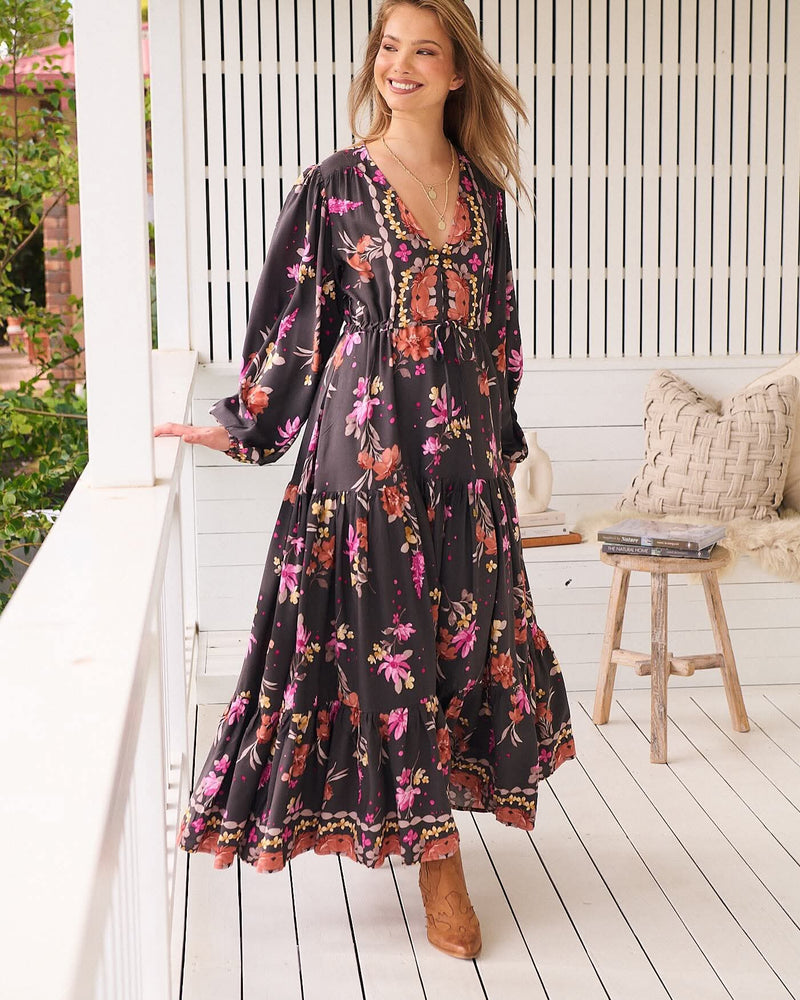 Jaase Teresa Maxi Dress Long Billowy Sleeve - Monarch Bloom - Style House Fashion Jaase