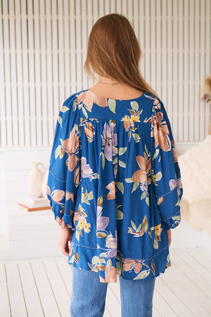 Jaase Adela Blouse Tunic with Buttoned Bodice V Neck - Georgia Blue - Style House Fashion Jaase