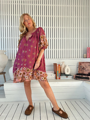Jaase Evelyn Mini Dress with Pockets V Neck Buttoned Relaxed Shift - Bee Orchid - Style House Fashion Jaase