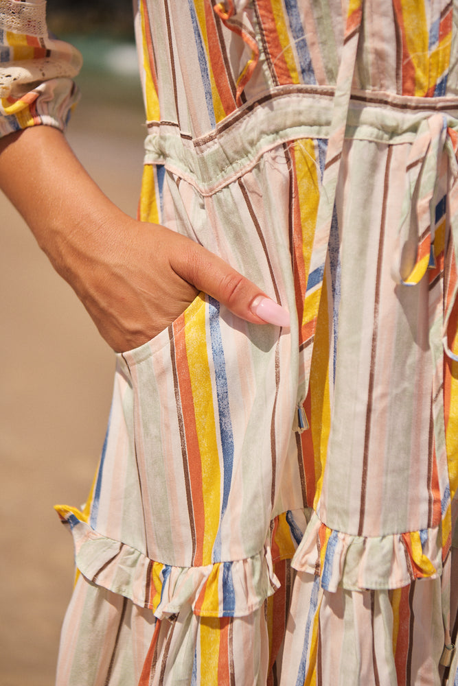 Jaase Remy Mini Dress with Pockets Drawstring Waist Half Sleeve Button Bodice - Coloured Sands - Style House Fashion Jaase Jaase