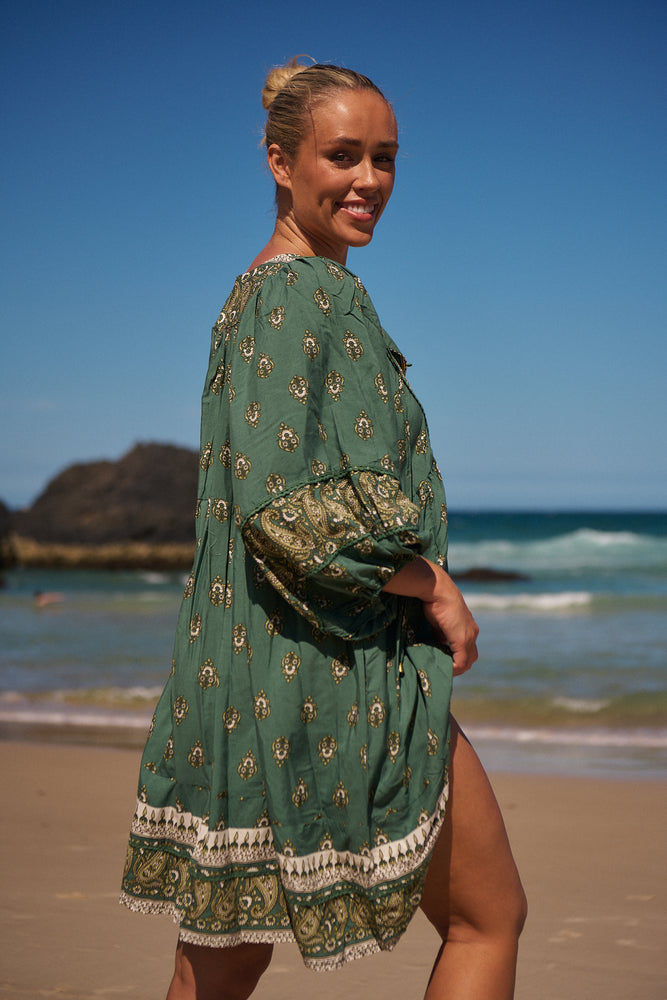 Jaase Adela Dress with Buttoned Bodice V-Neck Pockets - Viridian