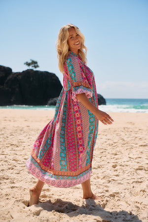 Jaase Boheme Midi Dress with Mandarin Collar V Neck Pockets - Cedella - Style House Fashion Jaase