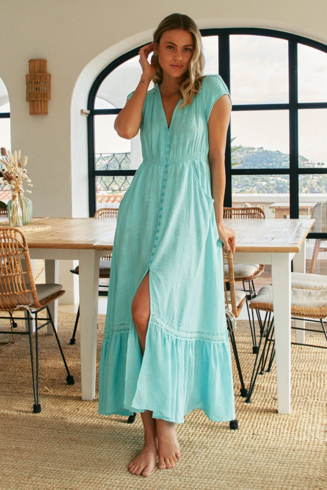 Jaase Carmen 100% Cotton Embroidered Maxi Dress with Cap Shell Sleeve V Neck Pockets Buttoned - Zanzibar - Style House Fashion Jaase