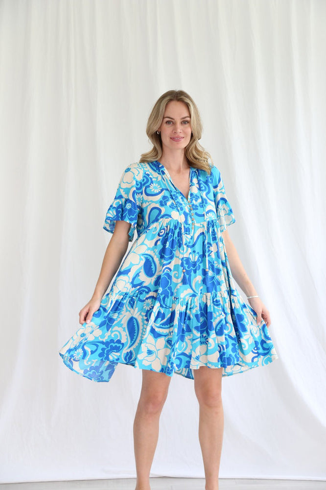 Shareen Becca Mini Dress Baby Doll V Neck Buttons - Blue Mirage - Style House Fashion