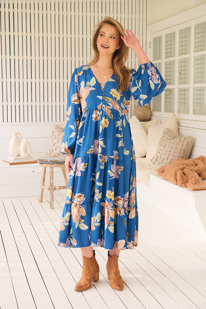 Jaase Eve Midi Dress with V-Neck Buttons Long Sleeve - Georgia Blue - Style House Fashion Jaase Jaase