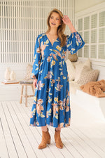Jaase Eve Midi Dress with V-Neck Buttons Long Sleeve - Georgia Blue - Style House Fashion Jaase Jaase