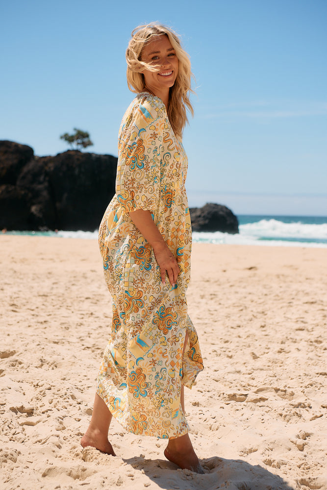 Jaase Ivy Midi Dress with Half Sleeve V Neck Buttons - Sonnie - Style House Fashion Jaase