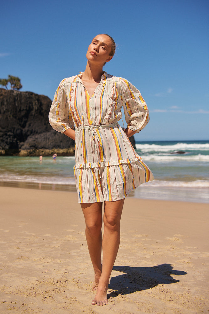 Jaase Remy Mini Dress with Pockets Drawstring Waist Half Sleeve Button Bodice - Coloured Sands - Style House Fashion Jaase Jaase