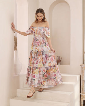 Iris Maxi Charlotte Maxi Dress with Shirred Bodice Flutter Sleeve - Arabella