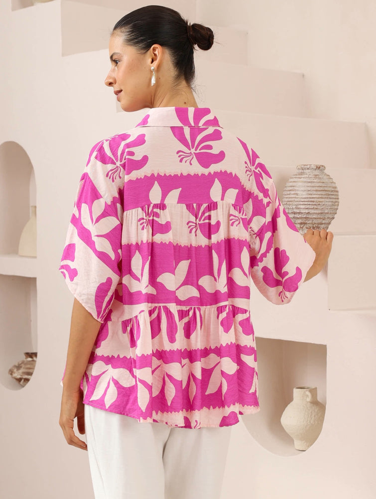 Iris Maxi Sarah Cotton Blouse Top with V-Neck Collar Buttoned Wide Sleeve - Pink Paradise