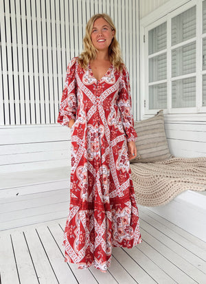 Jaase Carmen Maxi Dress with Long Sleeve V Neck Pockets - Rosa