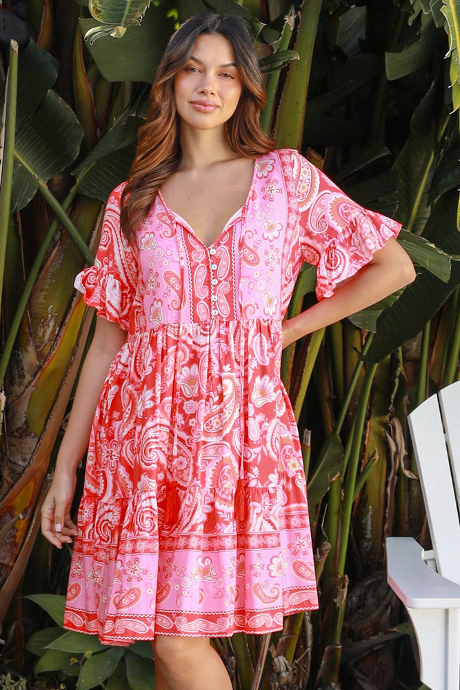 Isabella Delilah Mini Dress with V-Neck Buttons Pockets - Pink Crush