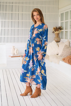 Jaase Penny Midi Dress with V-Neck Ties Elastic Cuff Sleeve - Georgia Blue - Style House Fashion Jaase