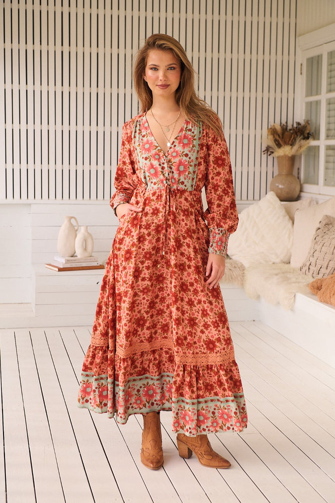Jaase Arlo Maxi Dress with Pockets V-Neck Buttons Bodice Drawstring Waist - Lillianna - Style House Fashion Jaase