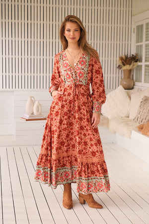 Jaase Arlo Maxi Dress with Pockets V-Neck Buttons Bodice Drawstring Waist - Lillianna - Style House Fashion Jaase