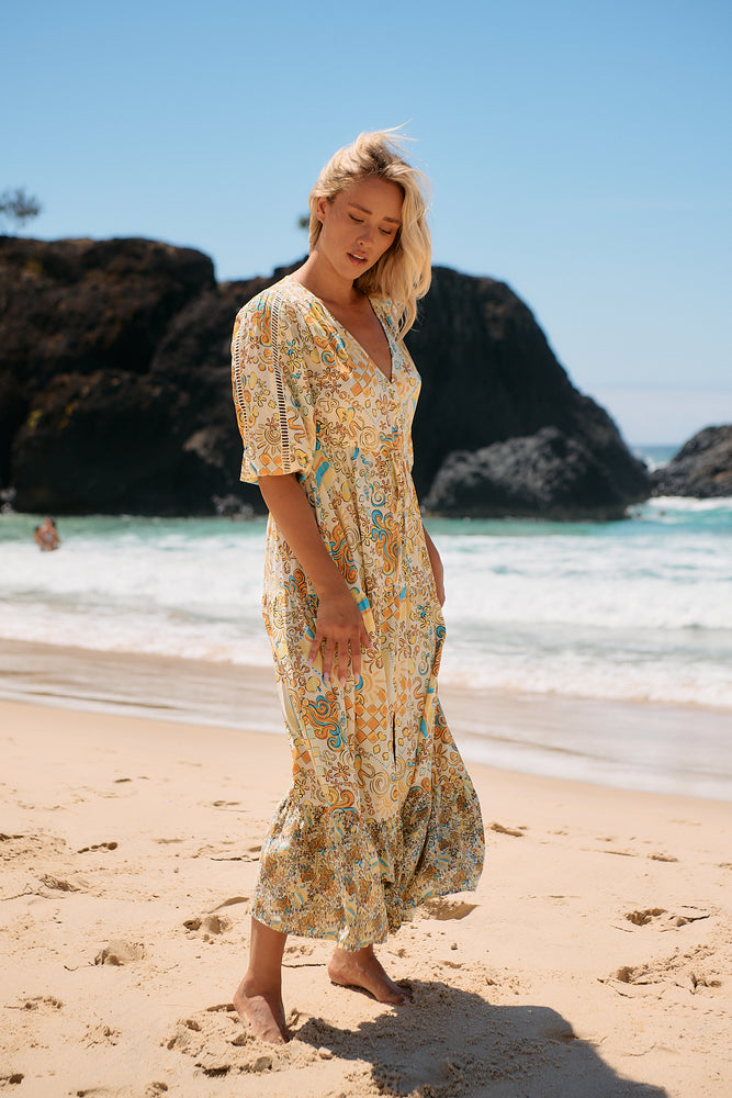 Jaase Ebony Maxi Dress with Half Sleeve V Neck Crochet Pockets - Sonnie - Style House Fashion Jaase