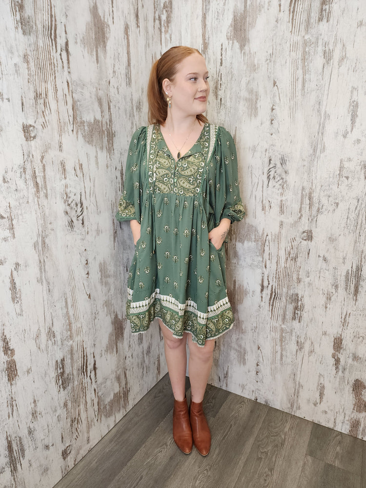 Jaase Adela Dress with Buttoned Bodice V-Neck Pockets - Viridian - Style House Fashion Jaase Adela Dress with Buttoned Bodice V-Neck Pockets - Viridian Jaase