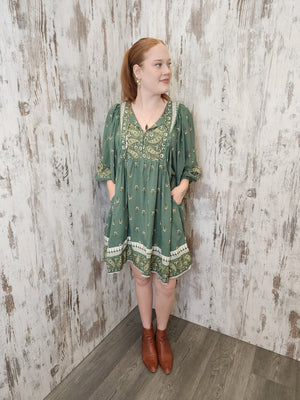 Jaase Adela Dress with Buttoned Bodice V-Neck Pockets - Viridian - Style House Fashion Jaase Adela Dress with Buttoned Bodice V-Neck Pockets - Viridian Jaase
