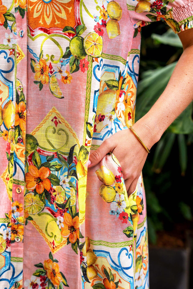 Boho Australia Aamina Midi Dress with V-Neck Buttons Pockets - Lemon Floral