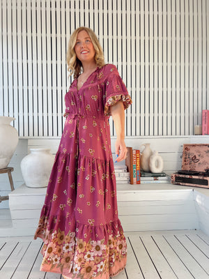 Jaase Elsa Maxi Dress with Button Bodice Puff Sleeve Lace Detail - Bee Orchid - Style House Fashion Jaase