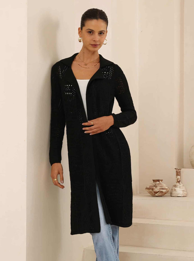 Iris Maxi Knitted Cotton Cardigan with Collar - Black - Style House Fashion Iris Maxi