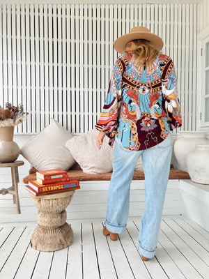 Jaase Imogen Blouse Top with V Neck Tie Buttoned Front - Wild Hearts - Style House Fashion Jaase