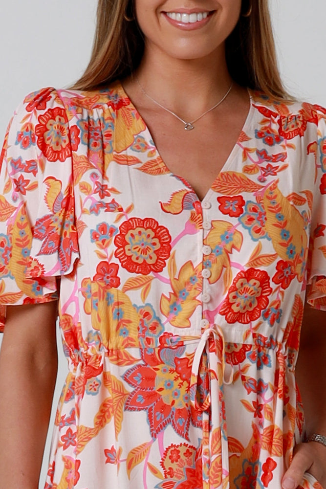 Isabella Mira Mini Dress with V-Neck Pockets - Citrus Crush